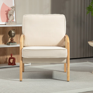 Sillón de Salón Moderno Butaca para Dormitorio con Reposabrazos de Ratán Cojín Extraíble y Patas de Madera Sofá Individual Carga 120 kg para Oficina Sala de Estar Beige