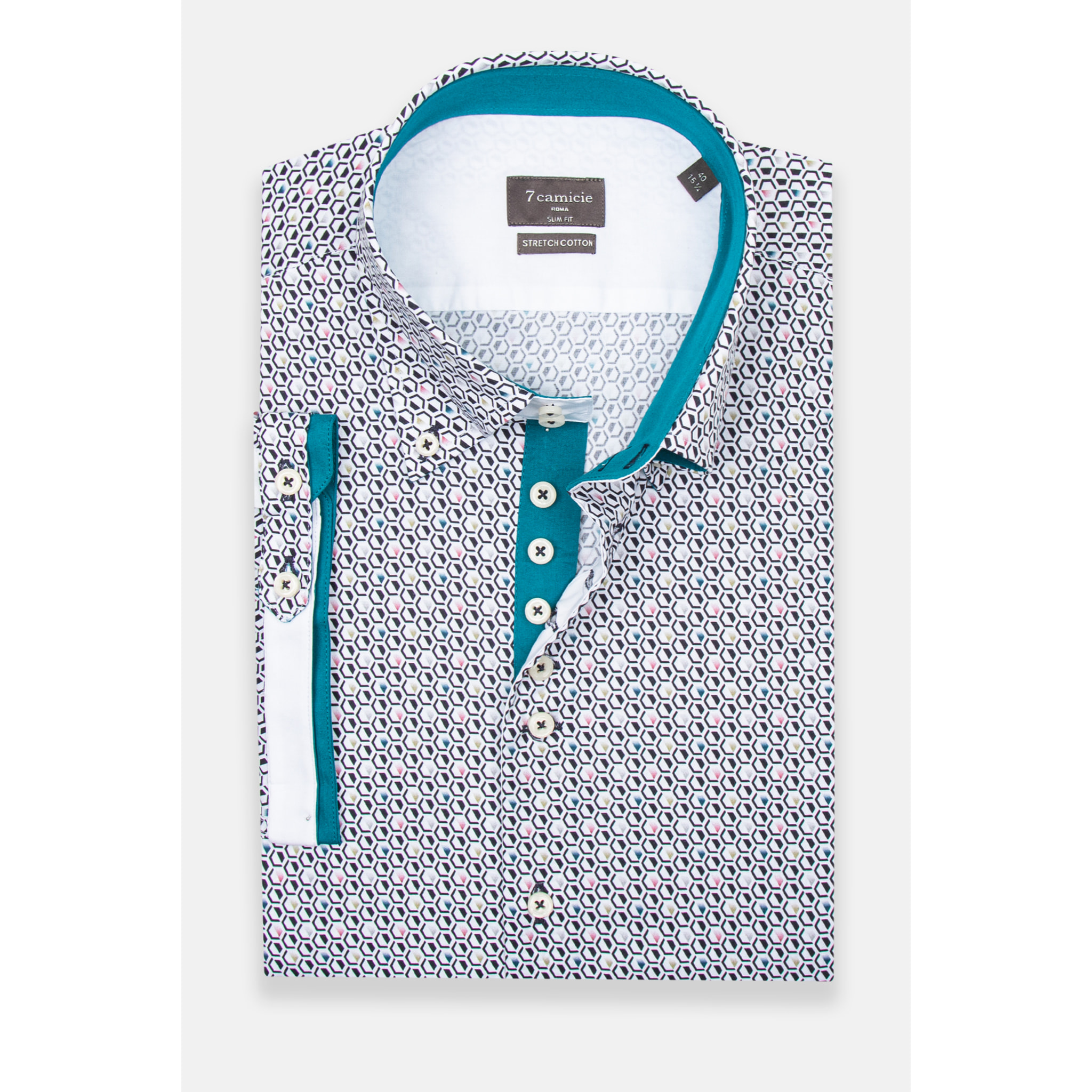 Camicia Uomo Manica Corta 2 Bottoni Button Down 7 Botto Popeline Stretch Stampato Bianco e Blu