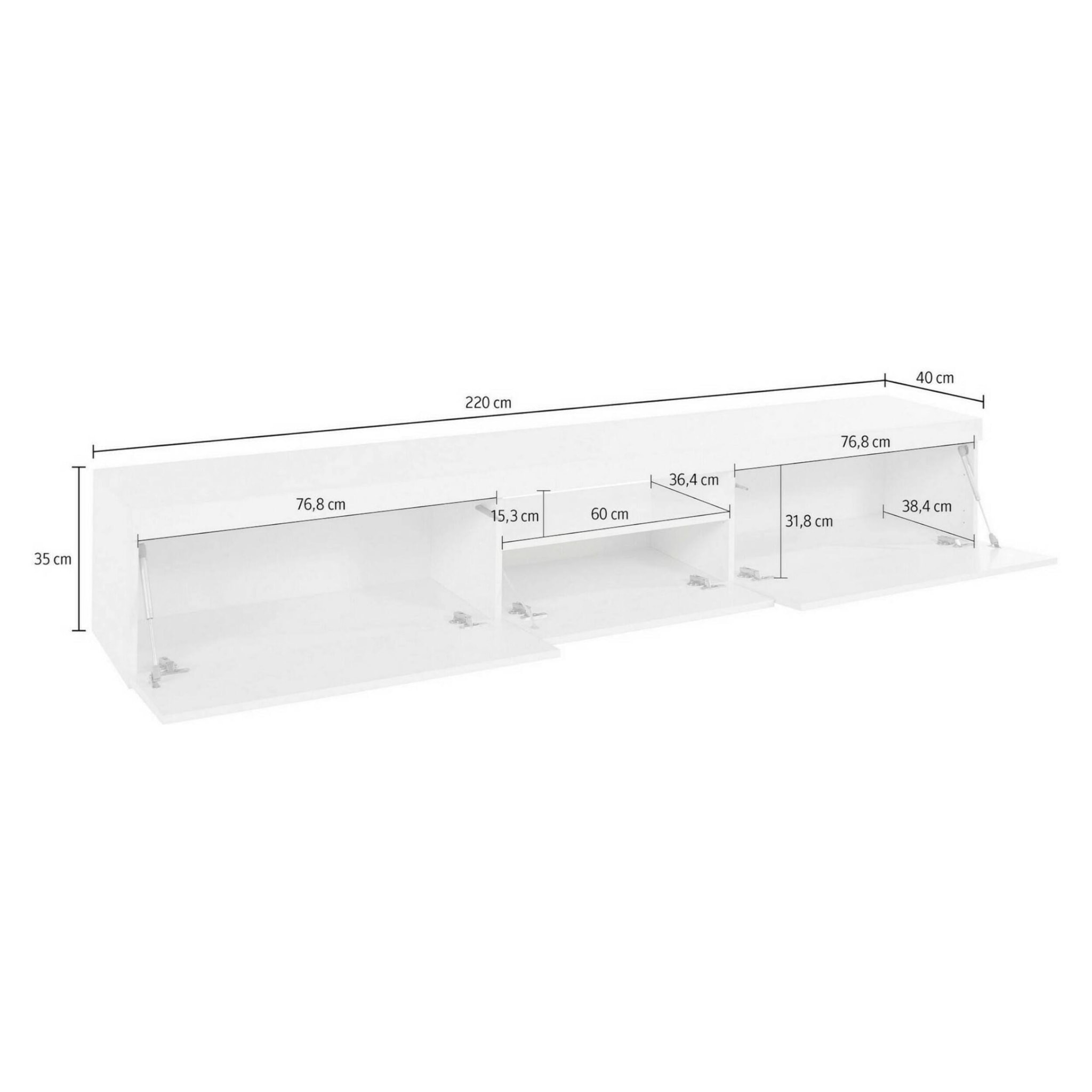 Mobile porta TV Dcoppolin, Credenza bassa da soggiorno a 3 ante, Base porta TV, 220x40h35 cm, Bianco lucido