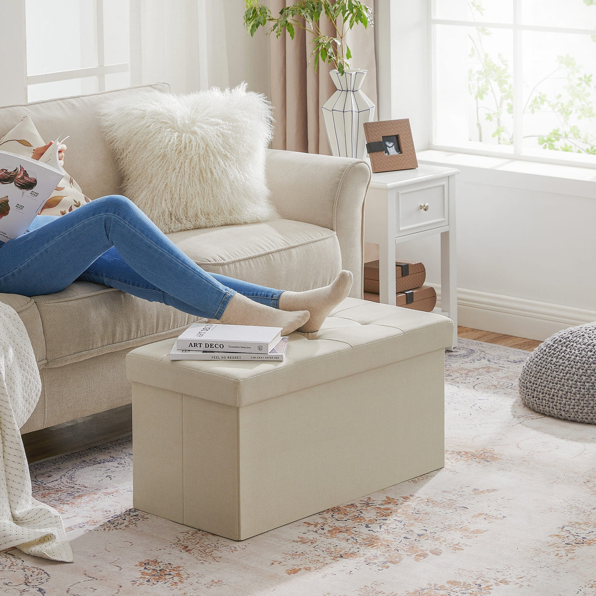 Panca Contenitore Pieghevole in Tessuto Effetto Lino Beige