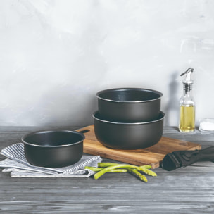 juego de 3 cazos ø16ø18ø20cm aluminio prensado y heat dot + mango desmontable negro