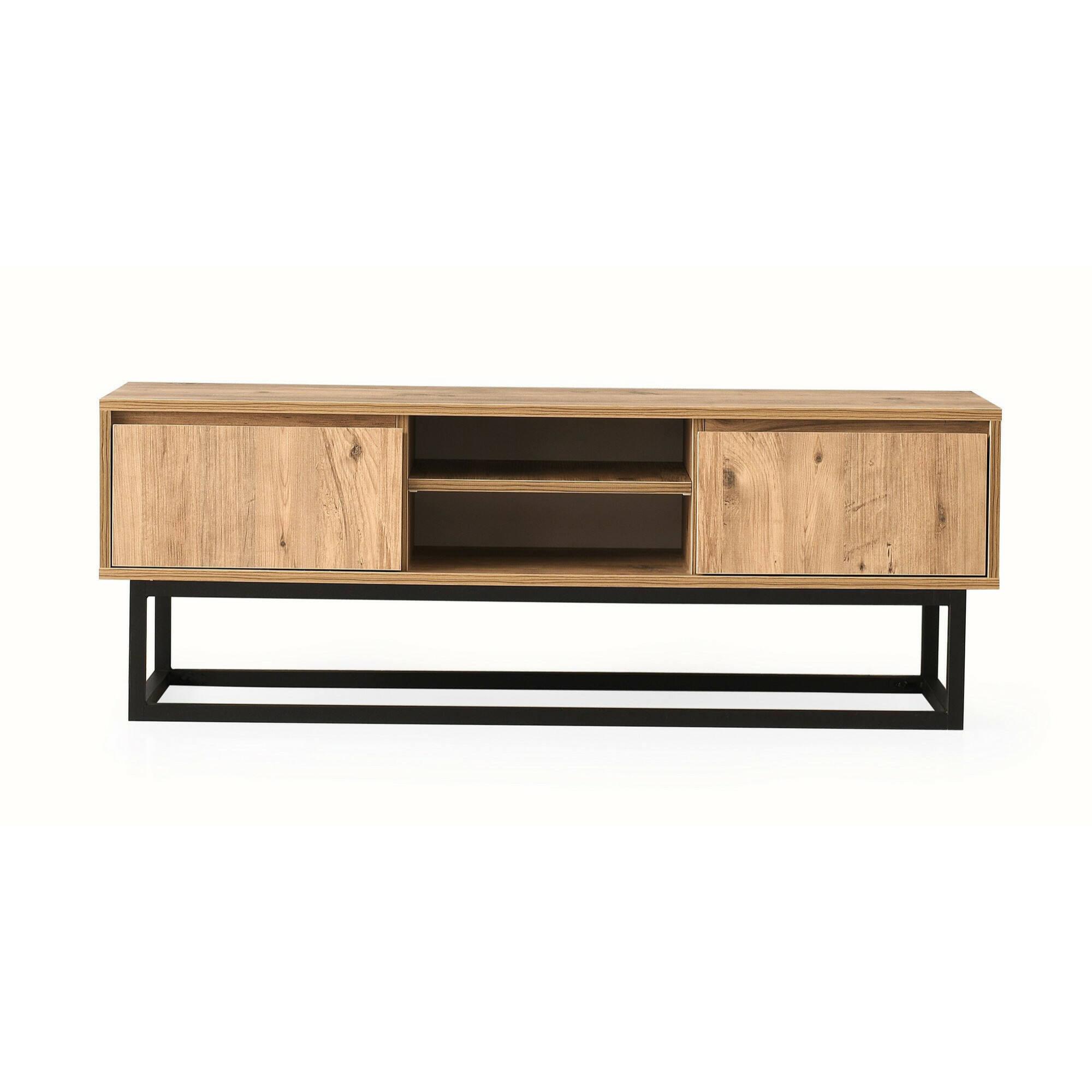 Mobile porta TV Dpirol, Credenza da soggiorno, Armadio basso per TV, Base parete attrezzata, 180x40h50 cm, Nero e Quercia