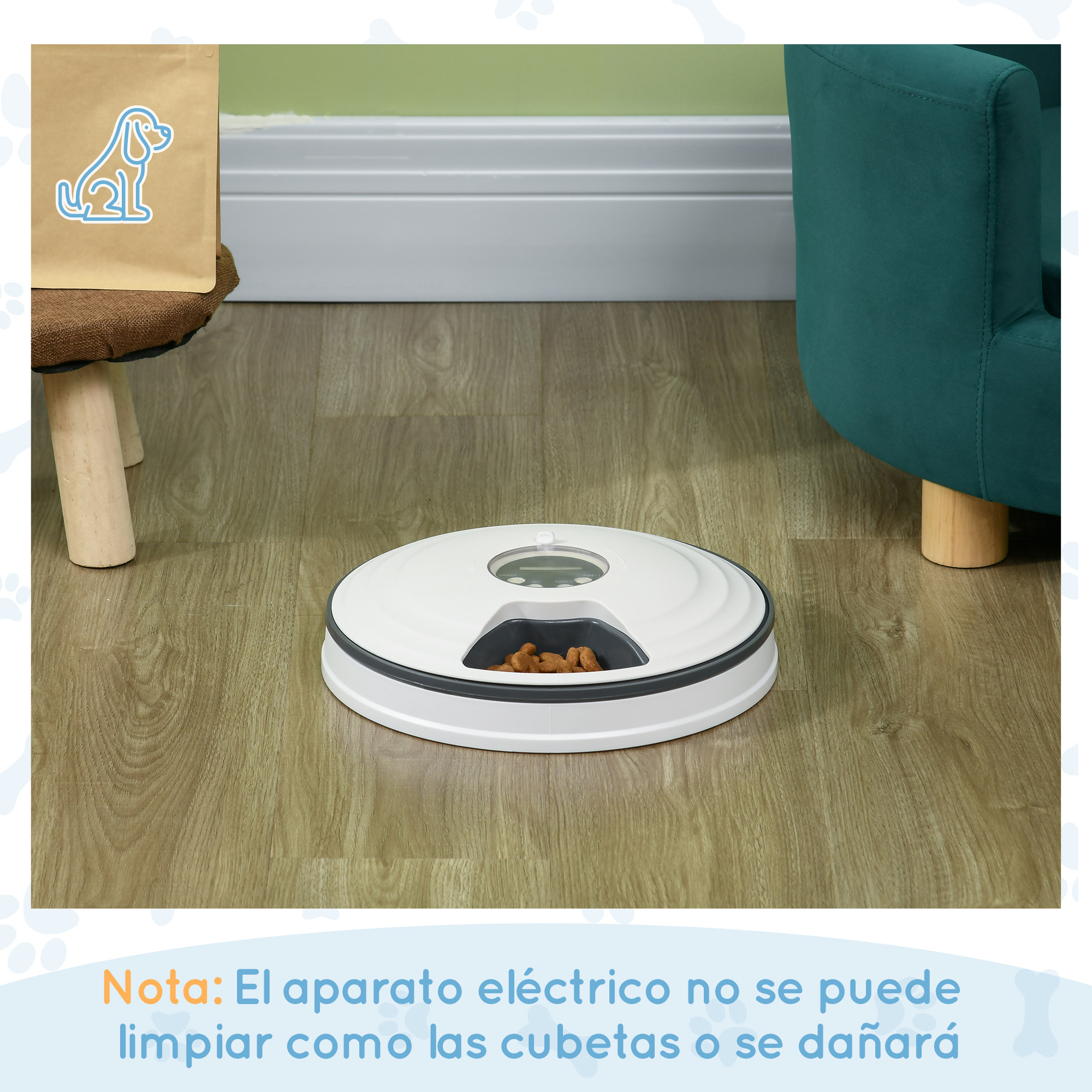 Alimentador Automático para Gatos y Perros Comedero Automático para Mascotas con Temporizador Pantalla LED Digital 6 Cuencos 128 ml y 4 Comidas al Día Ø30,5x7,2 cm Blanco