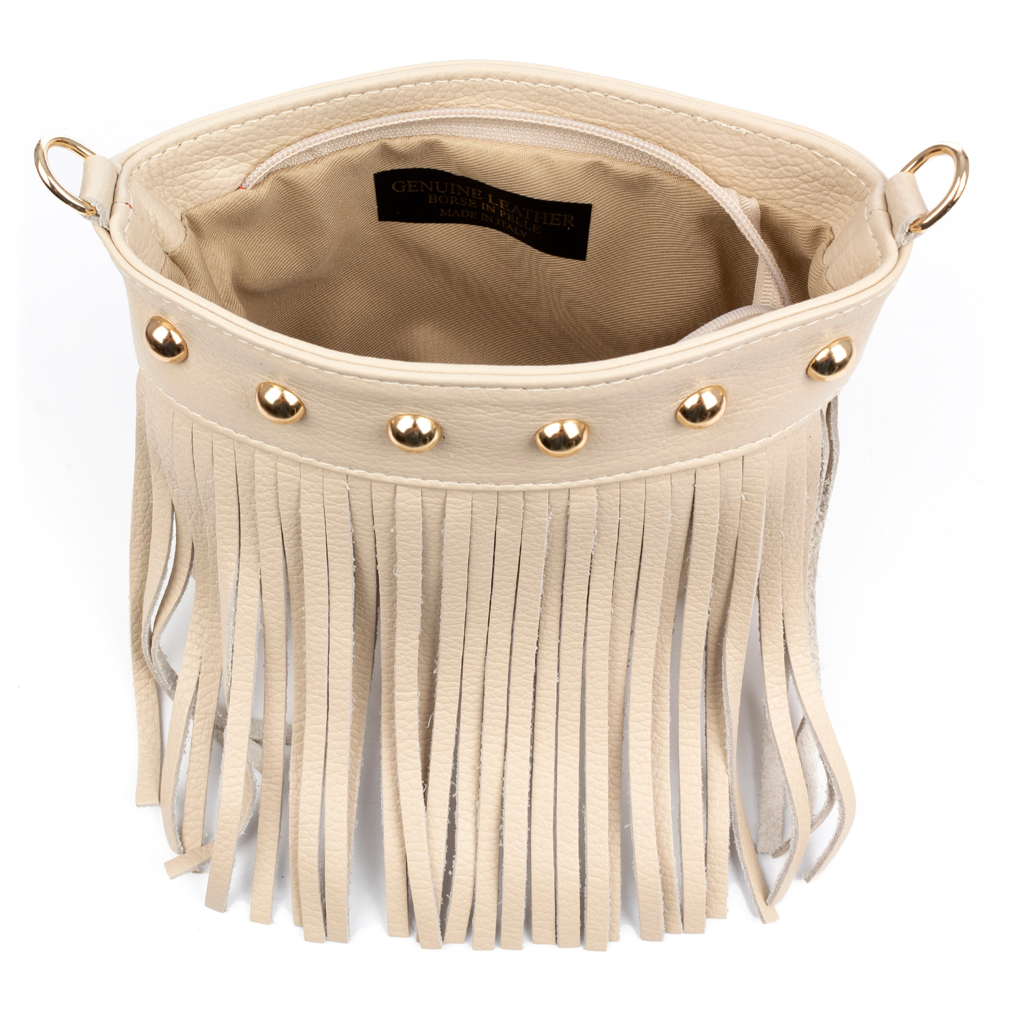Bedulita Bolso bandolera Mujer. Piel auténtica Dollaro con flecos y detalles metálicos.