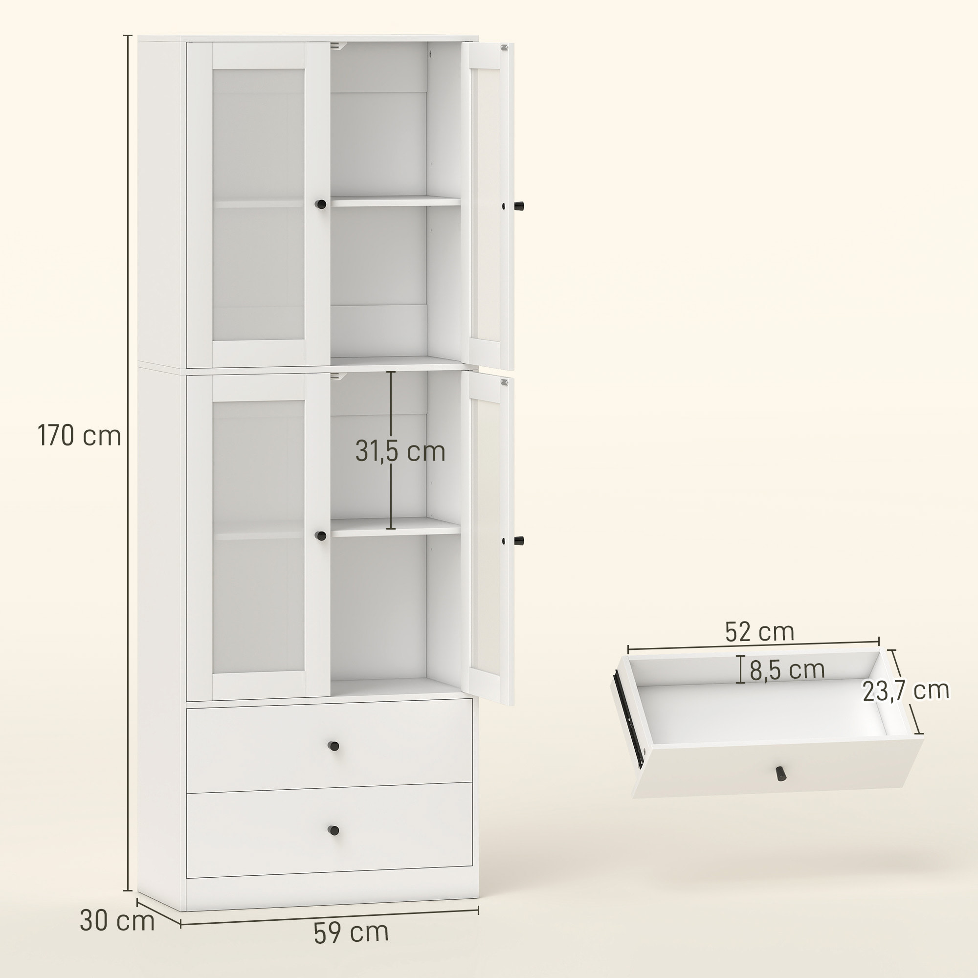 Alacena de Cocina Alta, Mueble Auxiliar de Cocina, con 4 Puertas de Vidrio, 2 Cajones, Estantes Ajustables, 59x30x170 cm, Blanco
