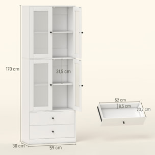 Alacena de Cocina Alta, Mueble Auxiliar de Cocina, con 4 Puertas de Vidrio, 2 Cajones, Estantes Ajustables, 59x30x170 cm, Blanco