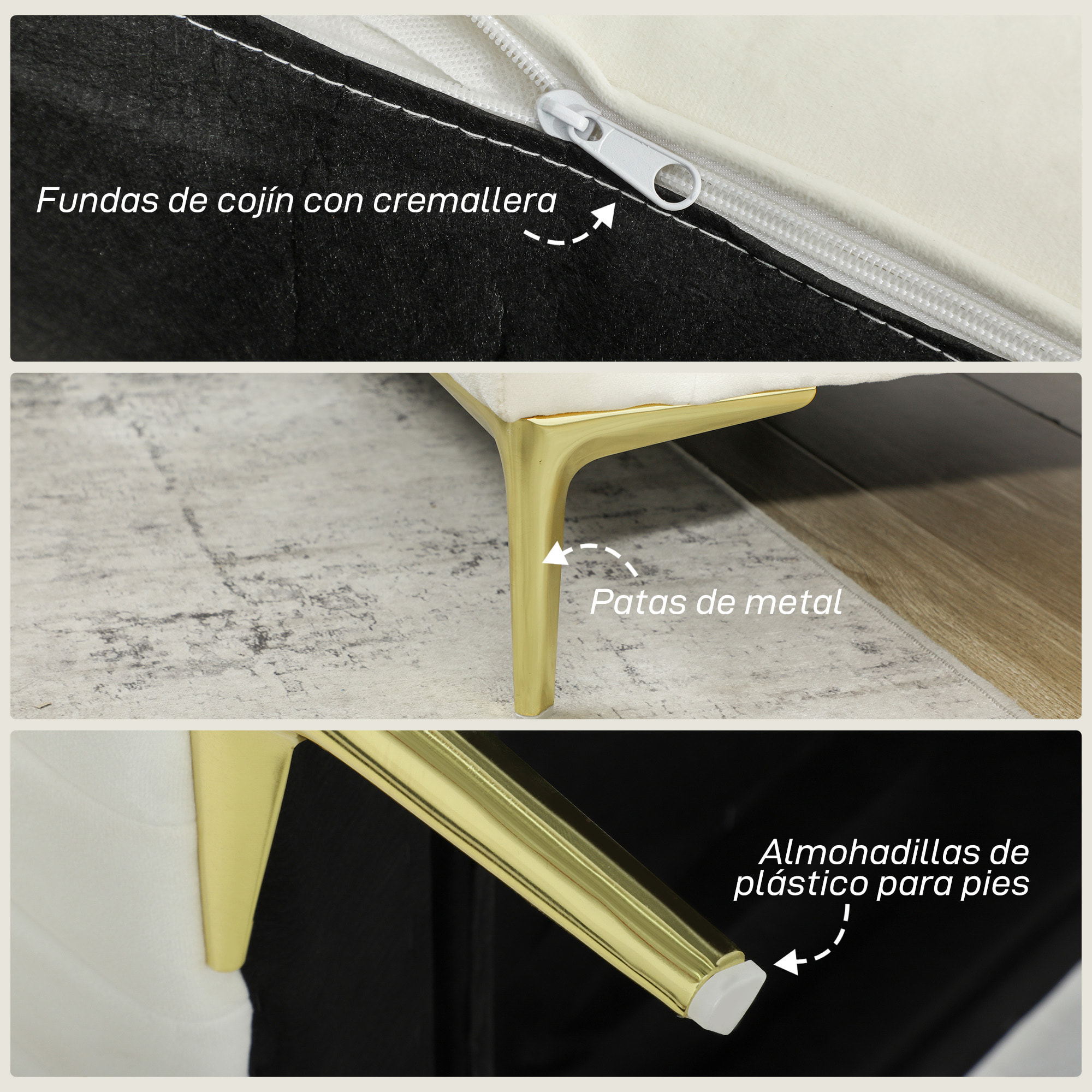 Sofá de 3 Plazas, Sofá de Salón de 181 cm, Tapizado en Terciopelo, Cojines Gruesos, Patas de Metal, Estructura de Madera, para Sala de Estar, Dormitorio, Oficina, Crema