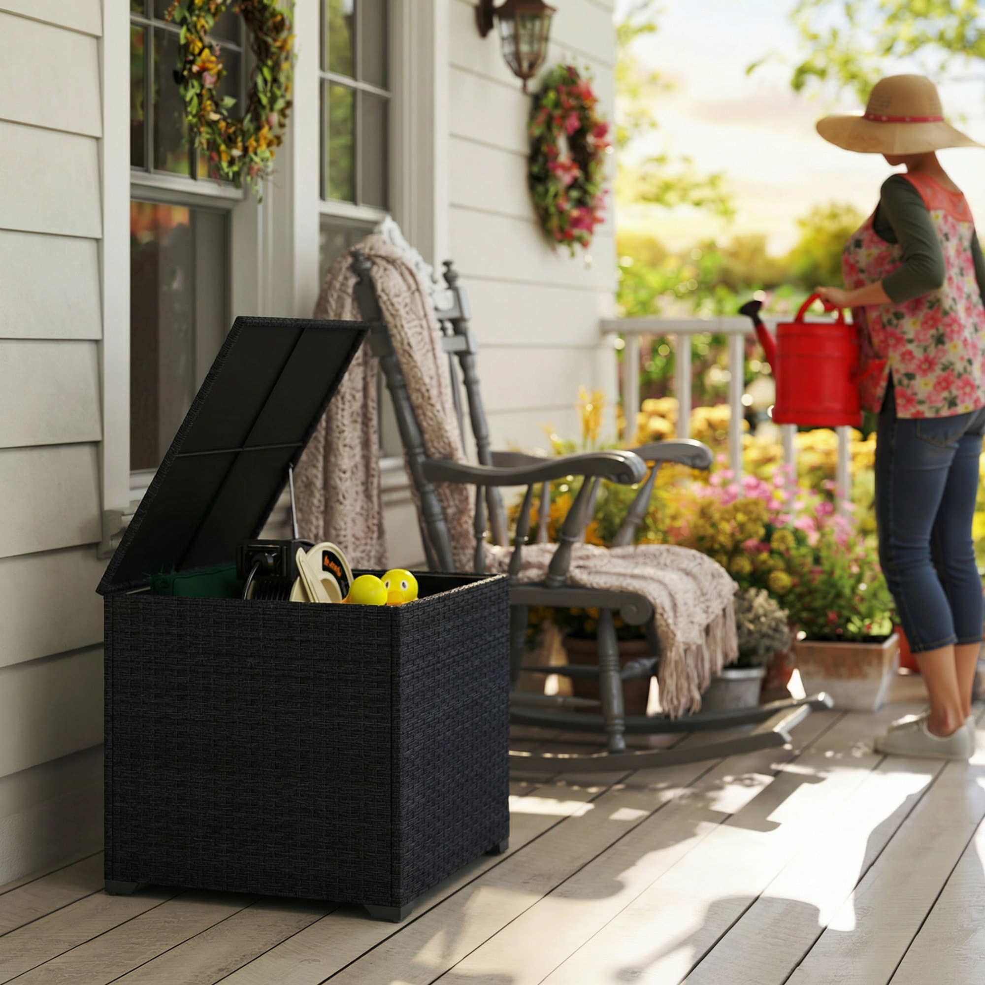 Coffre de jardin résine tressée 253L doublure zippée vérin pneumatique noir