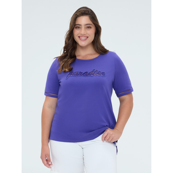 Fiorella Rubino - Camiseta de algodón con letras de lentejuelas - Azul aciano