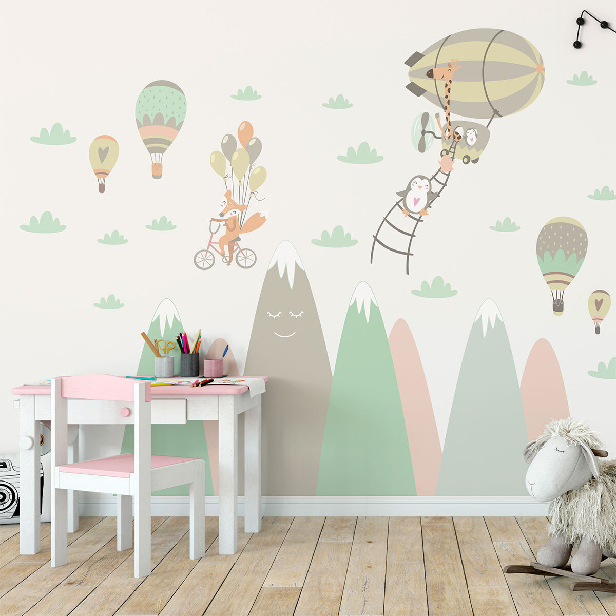 Stickers muraux enfants - Décoration chambre bébé - Autocollant Sticker mural géant enfant montagnes scandinaves ANIMAUX JOUEURS