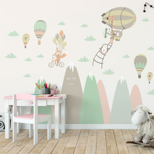 Stickers muraux enfants - Décoration chambre bébé - Autocollant Sticker mural géant enfant montagnes scandinaves ANIMAUX JOUEURS