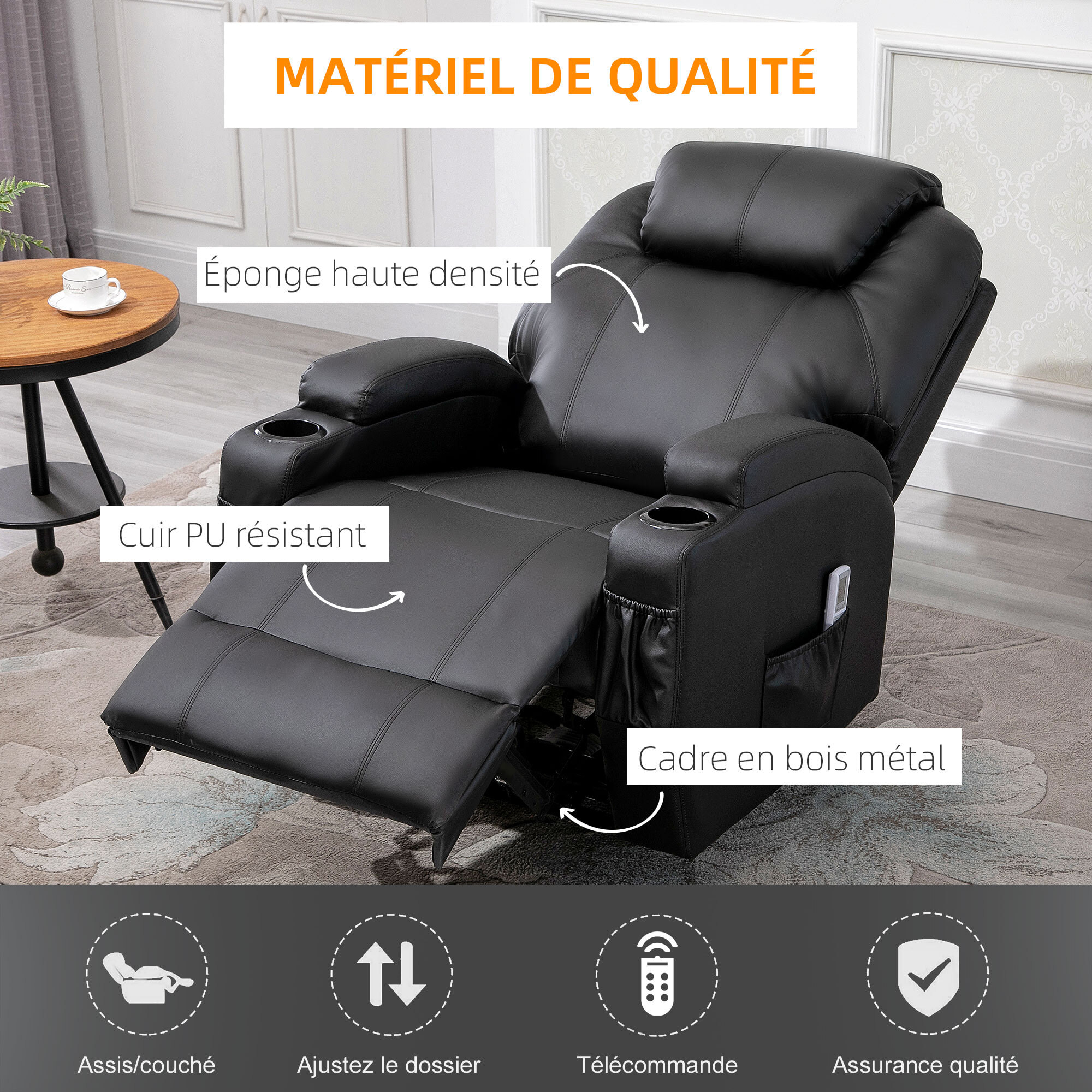 Fauteuil luxe de relaxation et massage inclinaison dossier repose-pied électrique revêtement synthétique noir