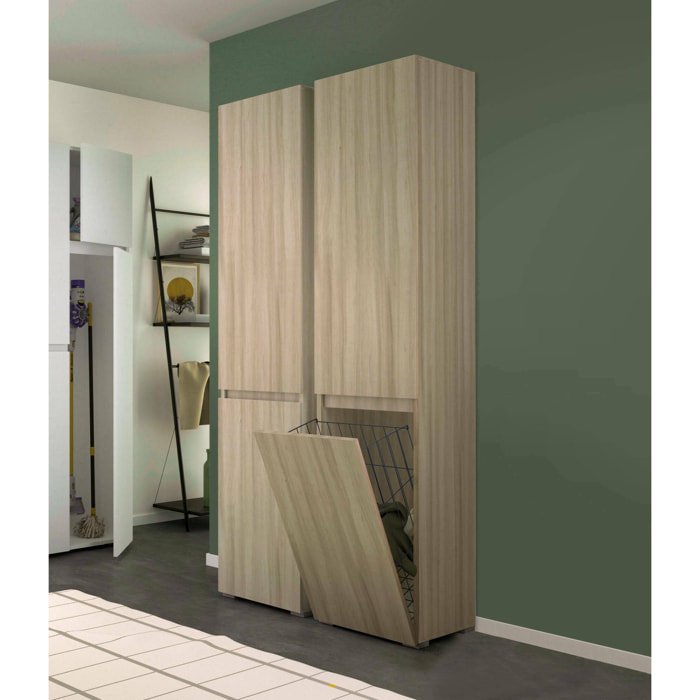 Armadio multiuso 2 ante Aro, Mobile lavanderia a 2 ante, Colonna da bagno con cestello portabiancheria, 100% Made in Italy, 45x37h195 cm, Olmo