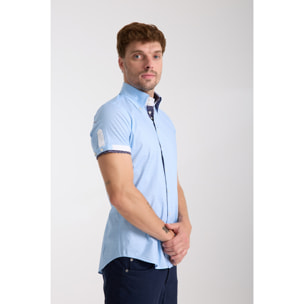 Camicia Uomo Manica Corta 2 Bottoni Button Down 7 Botto Popeline Stretch Stampato Celeste/Bianco