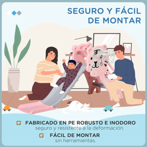 Tobogán Infantil 3 en 1 Tobogán para Niños de 18 a 36 Meses con 2 Escaleras 1 Canasta de Baloncesto y Patrón de Animal para Interior 133x60x70 cm Rosa y Gris