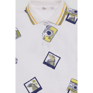 Polo Niño Blanco con Estampado de Cámaras y Detalles en Amarillo y Azul 100% Algodón | Color: Estampado | Street Monkey