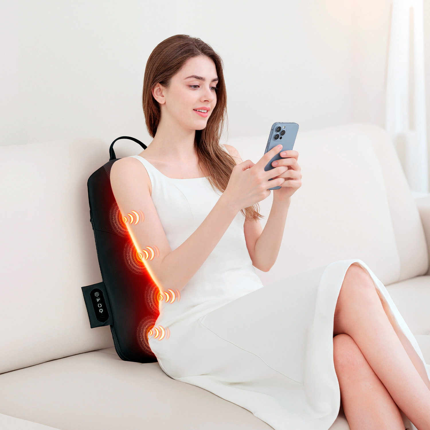 Masajeador ergonómico recargable HY-KB-2025 para espalda, cuello y hombros. 3 modos de masaje con 2 velocidades. 2 intensidades de calor, cinta de ajuste para sillas y asientos.
