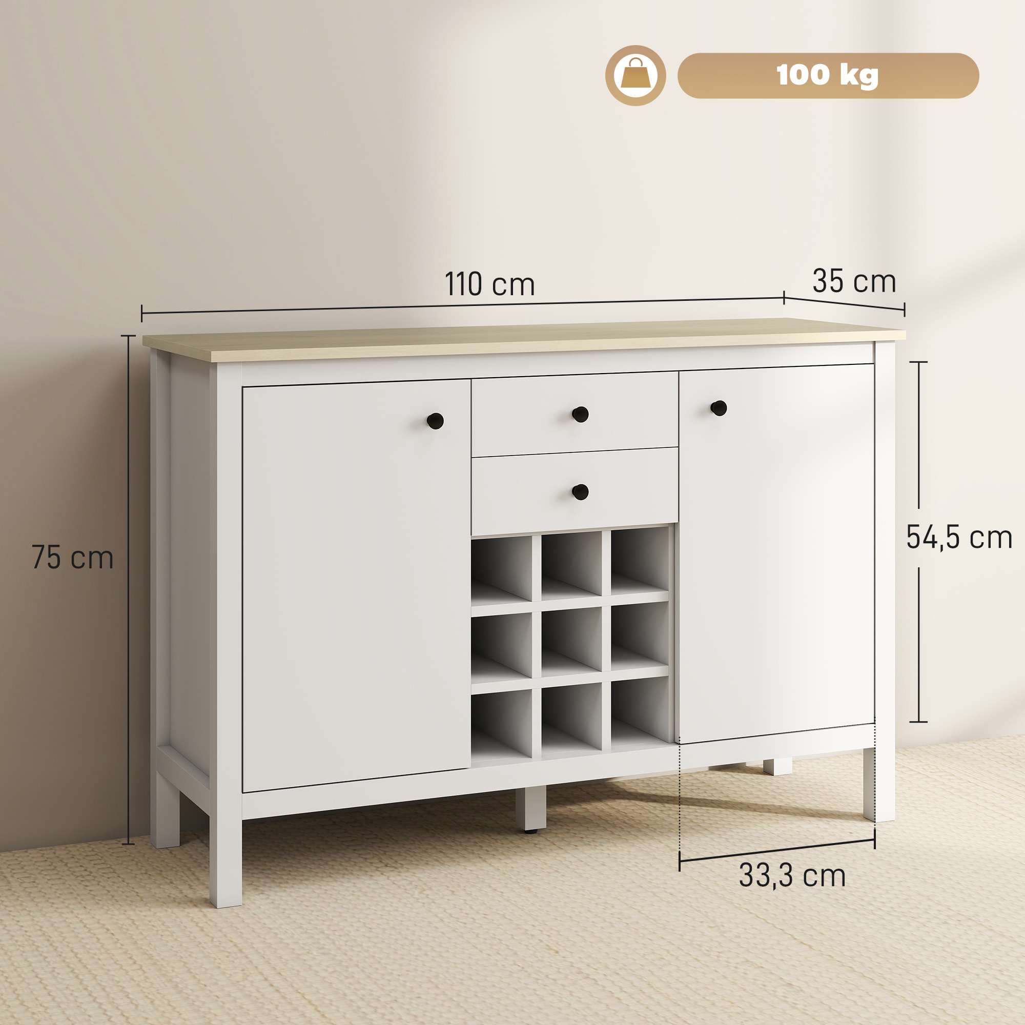 Buffet 2 tiroirs, 2 portes étagères réglables, range-bouteilles 9 max. - blanc bois clair