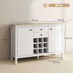 Buffet 2 tiroirs, 2 portes étagères réglables, range-bouteilles 9 max. - blanc bois clair