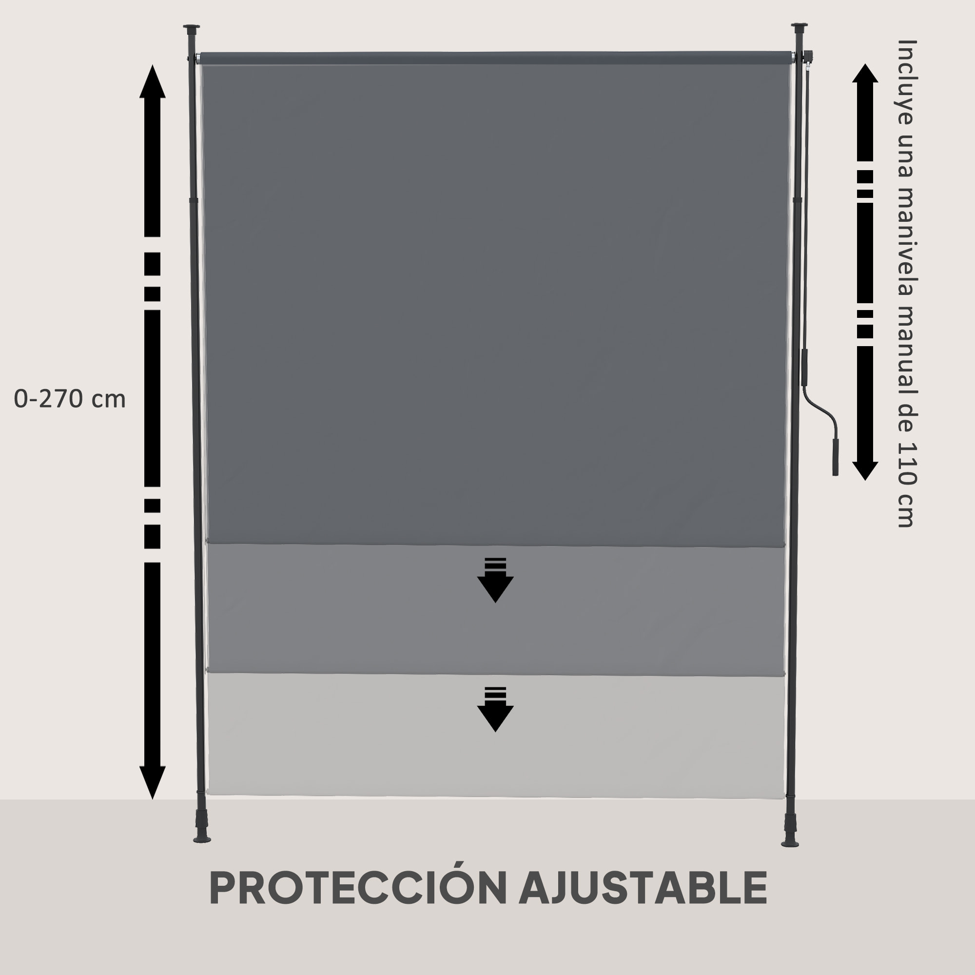 Toldo Vertical Exterior 200x305 cm, Pantalla de Privacidad Enrollable, Toldo Lateral Ajustable con Manivela, Protección UV 40+ e Impermeable, Sin Taladro, para Balcón, Jardín, Gris