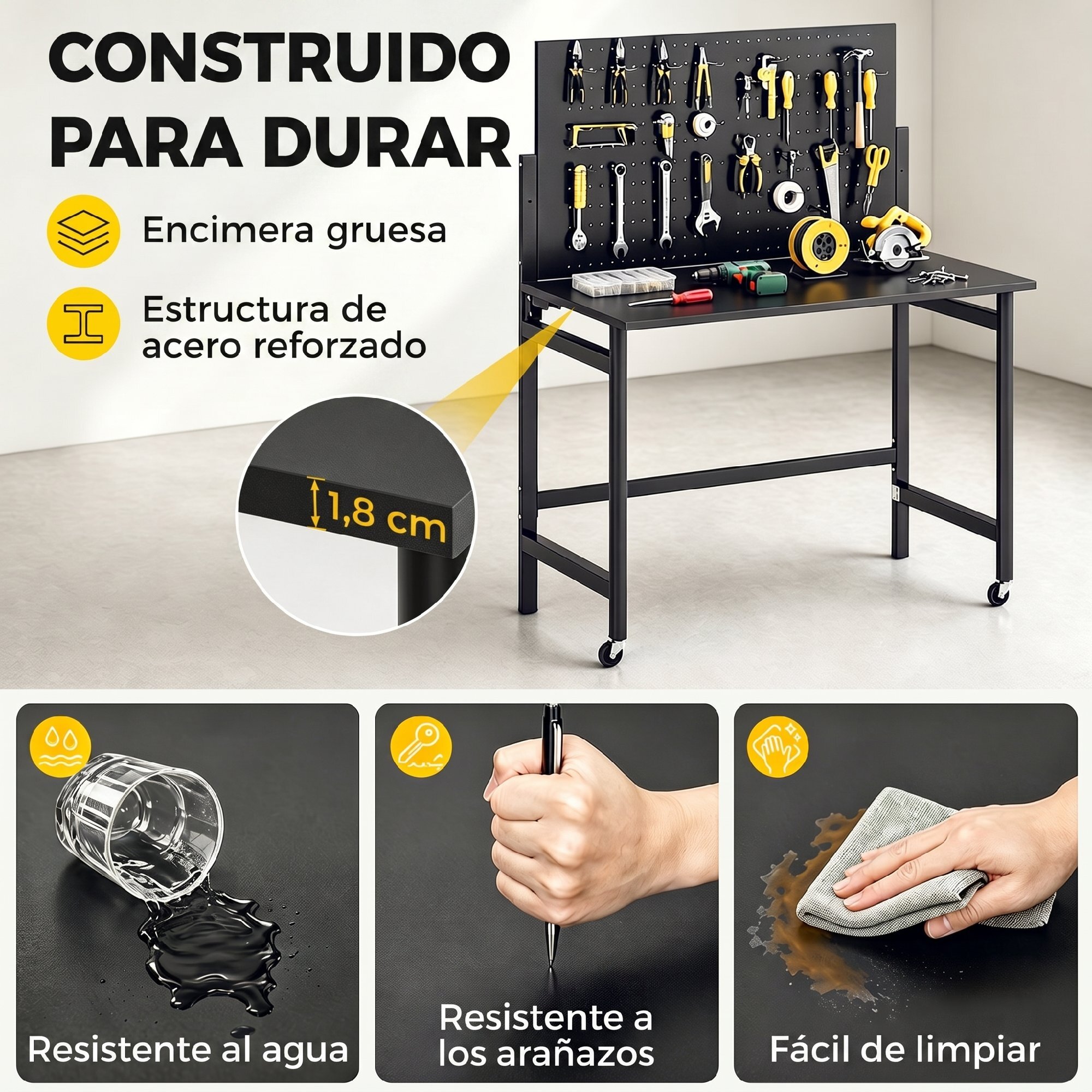 Banco de Trabajo Plegable con Tablero Perforado y Ruedas, Mesa de Trabajo Plegable con Ganchos, Marco de Acero, Banco para Garaje o Taller, 115x62x143,5 cm, Negro