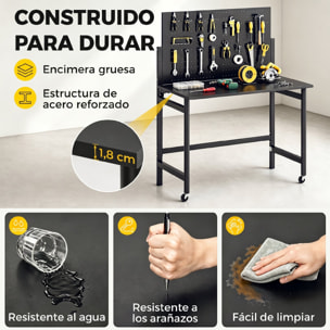 Banco de Trabajo Plegable con Tablero Perforado y Ruedas, Mesa de Trabajo Plegable con Ganchos, Marco de Acero, Banco para Garaje o Taller, 115x62x143,5 cm, Negro