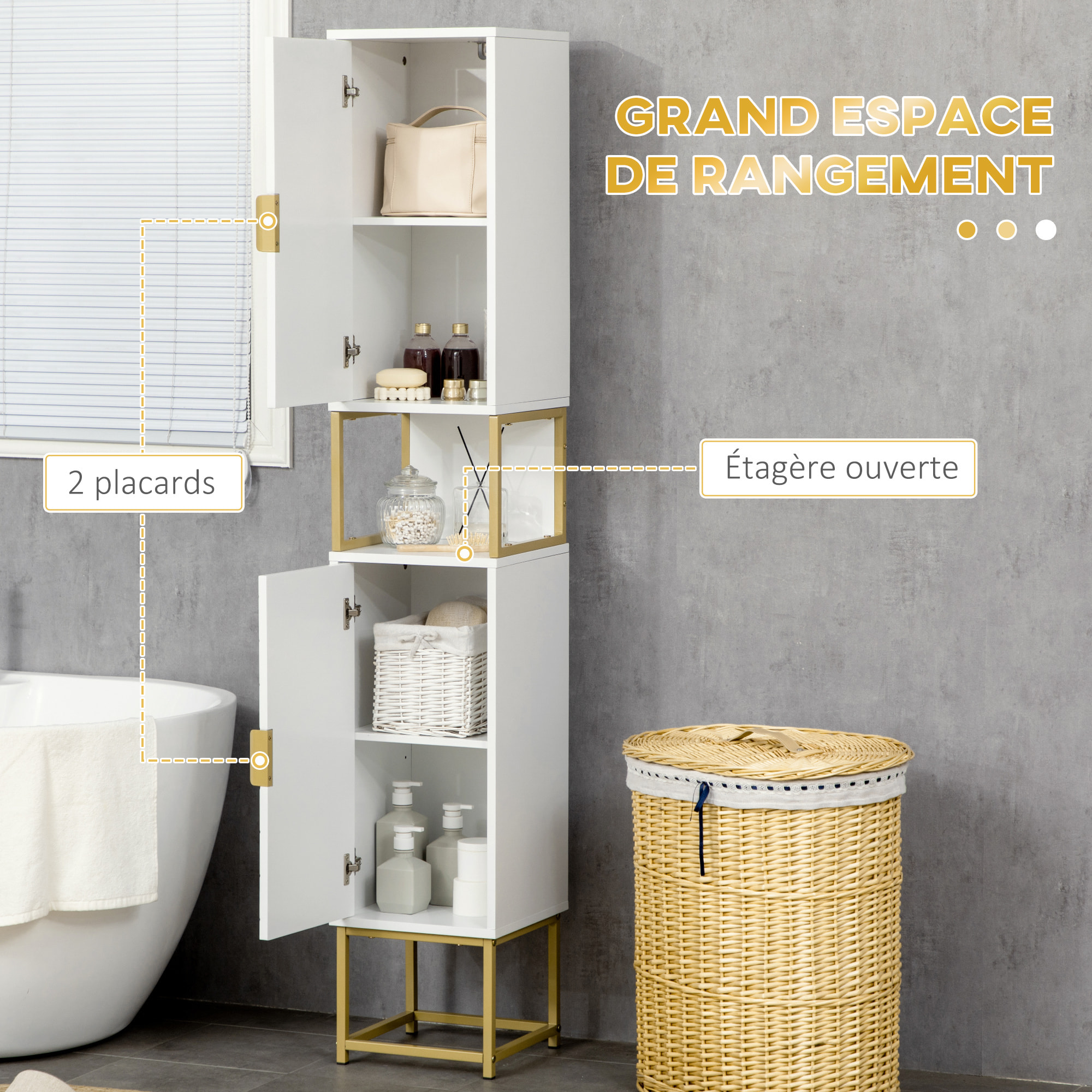 Meuble colonne rangement salle de bain design - 2 portes, 2 étagères, niche - acier doré MDF blanc