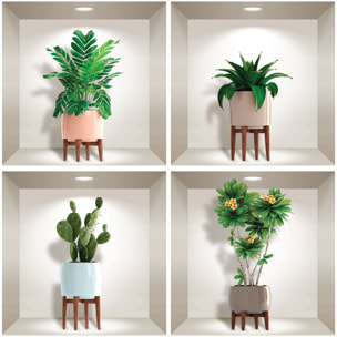 Stickers muraux 3D | Sticker Mural Autocollant effet 3D plantes et vases scandinaves - Stickers adhésifs 3D Chambre Salon Trompe l'oeil