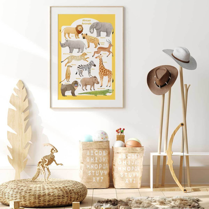 Affiche enfant animaux d'afrique  Affiche + cadre en bois - Chêne