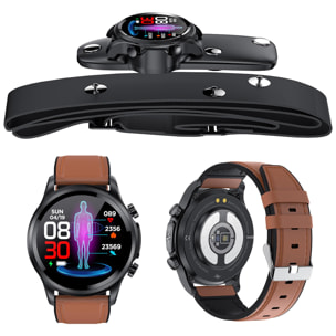 Smartwatch E400 con rilevamento della glicemia, pressione sanguigna e monitor O2. ECG con misurazione del torace. Cinturino in pelle.