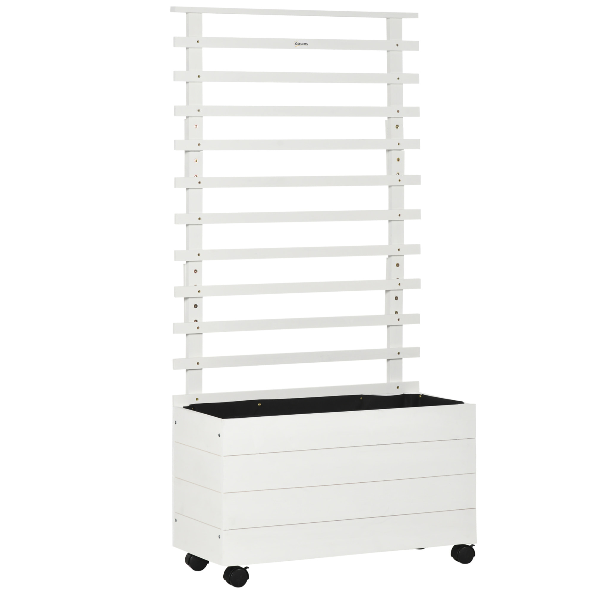 Jardinera con Enrejado de Madera Maciza con 4 Ruedas Macetero de Jardín con Soporte para Trepadora y Tela Geotextil para Cultivos Plantas Flores en Exterior 76x30x155 cm Blanco