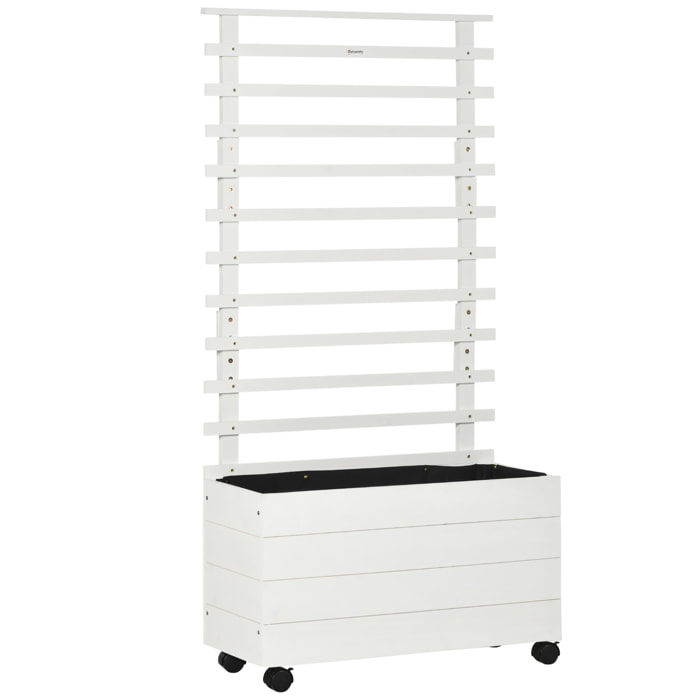Jardinera con Enrejado de Madera Maciza con 4 Ruedas Macetero de Jardín con Soporte para Trepadora y Tela Geotextil para Cultivos Plantas Flores en Exterior 76x30x155 cm Blanco