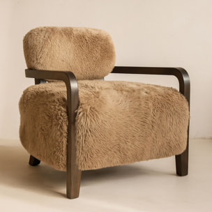 Fauteuil effet fourrure marron et structure en bois  YACK