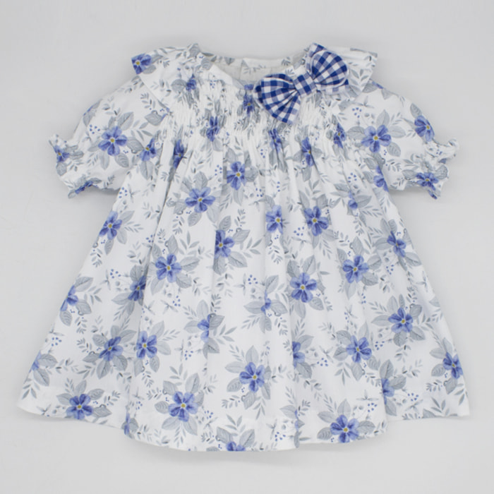 VESTIDO FLOR AZUL CUERPO GOMITAS Y LAZO VICHY