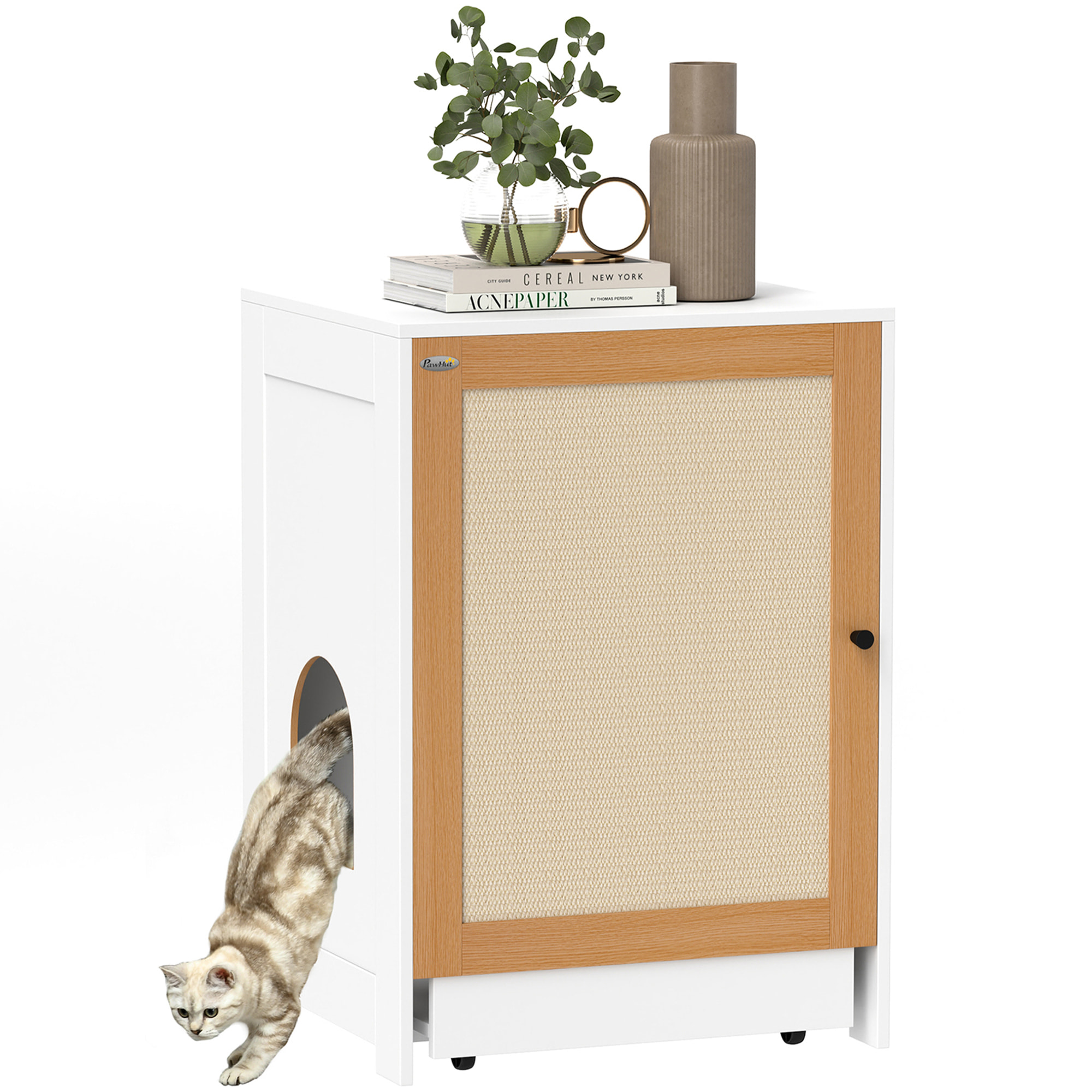 Arenero para Gatos Mueble Arenero para Gatos con Bandeja Extraíble Compartimentos Ruedas y Tapete para Rascar Caja de Arena para Gatos para Interior 57x50x80,5 cm Blanco y Roble