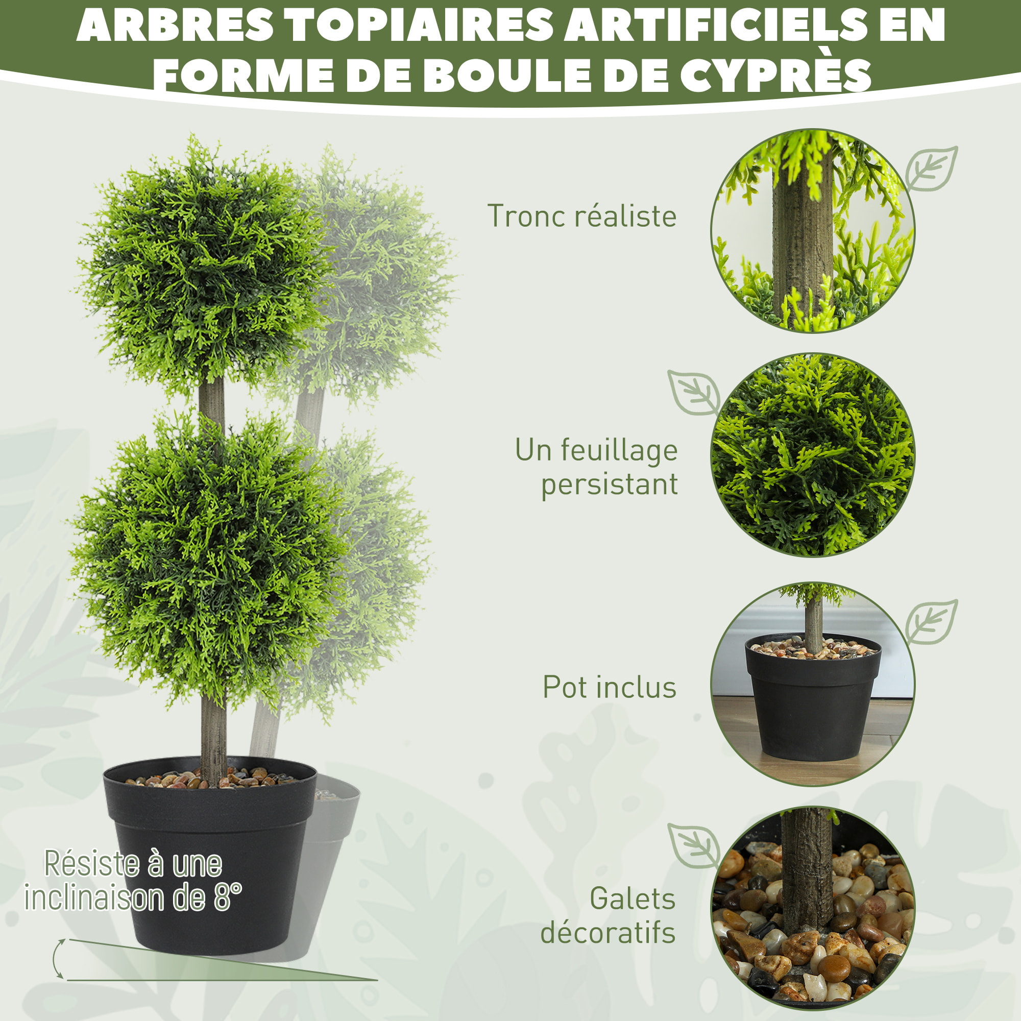 Lot de 2 cyprès artificiels topiaires en forme de boules x 2 H.60cm avec pots