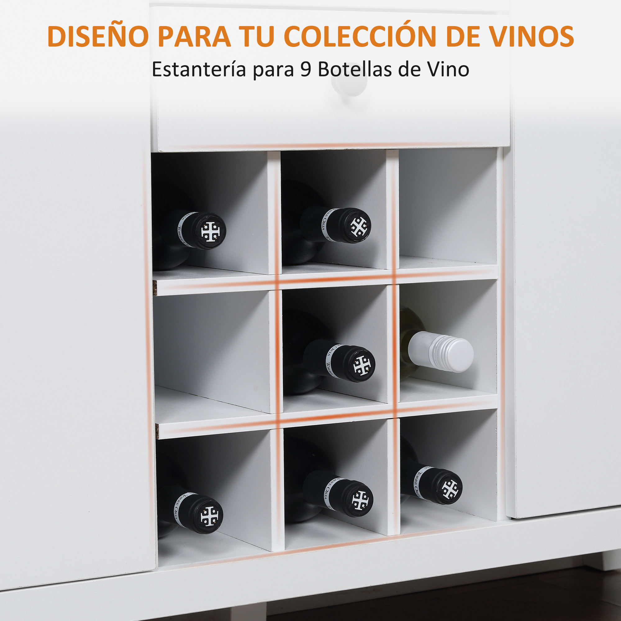 Aparador de Cocina con Botellero Aparador con 2 Cajones 2 Puertas Estantes Ajustables para 9 Botellas Buffet Auxiliar de Cocina para Comedor Salón 110x35x75 cm Blanco