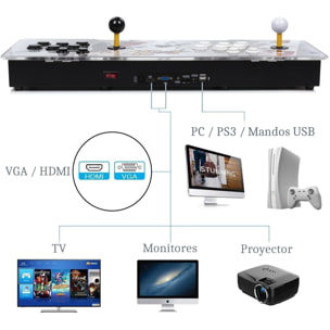 Pandoras Box 12. Consola arcade clásica, tipo máquina recreativa, con 3188 juegos clásicos instalados. Conexiones HDMI y VGA y salida USB. Incluye 2 mandos analógicos con conexión USB.