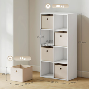 Estantería de 8 Cubos, Librería, Estantería para Libros con 4 Cajones de Tela, Horizontal o Vertical, para Salón, Dormitorio, Estudio, 105,9x30x53,7 cm, Blanco y Beige