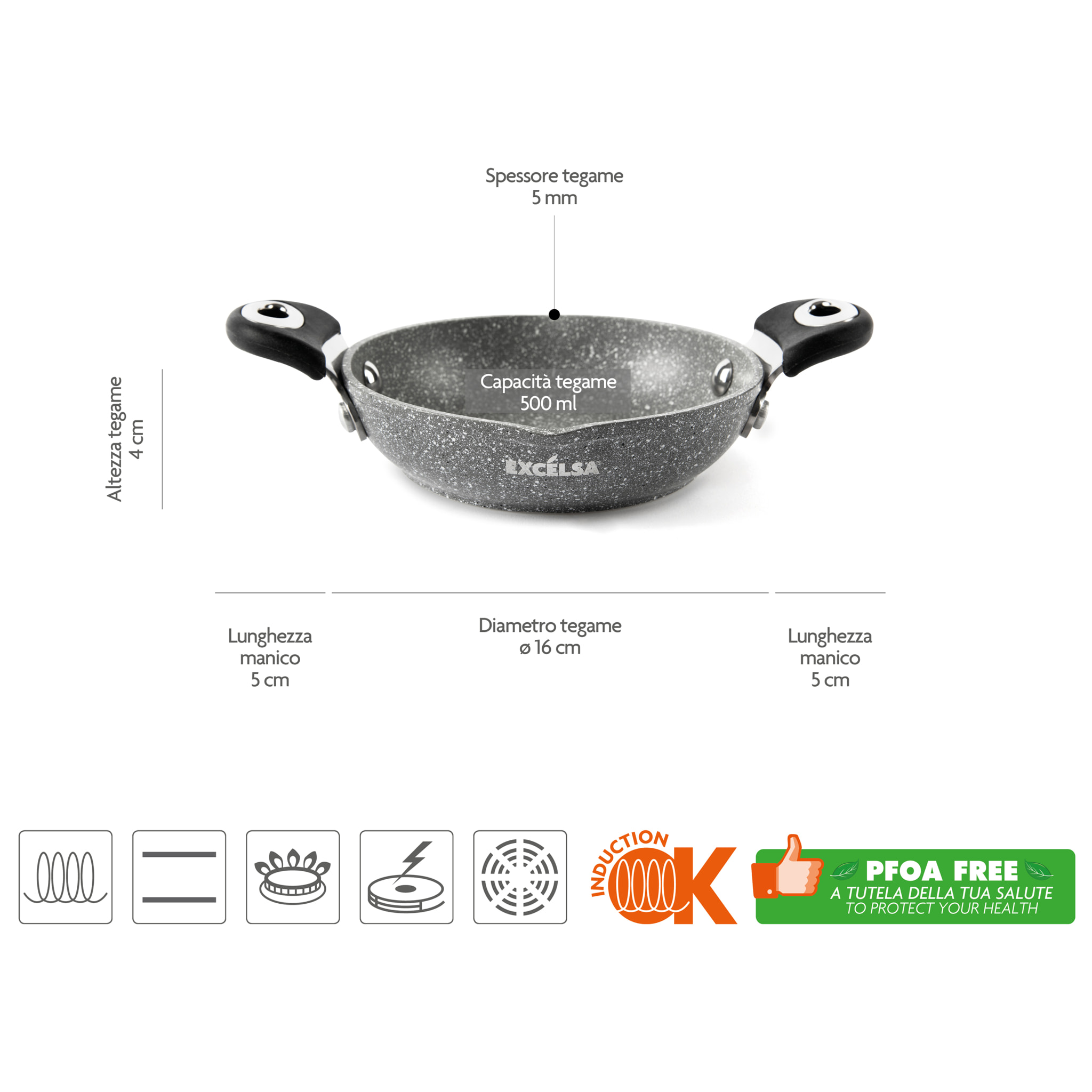 Tegame 16 cmcon Manici Excelsa – Forn-Ok, Alluminio Forgiato Grigio