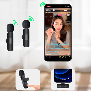 Set di 2 microfoni a clip K9, Plug & Play. Riduzione del rumore, wireless, 2.4GHz. Per iOS e Android.
