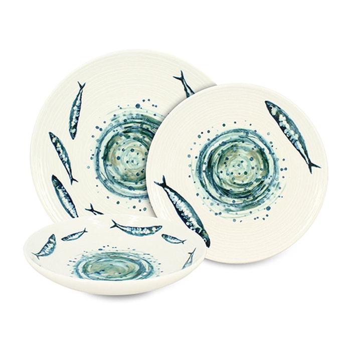 Service de table 36 pièces en grès imprimé poisson SARDINE