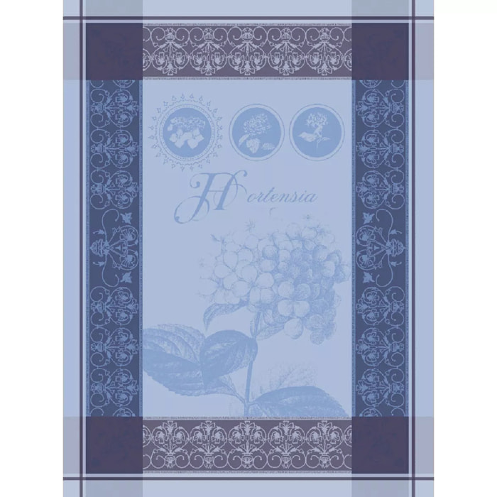 Torchon pur coton motif jacquard bleu Hortensia bleu