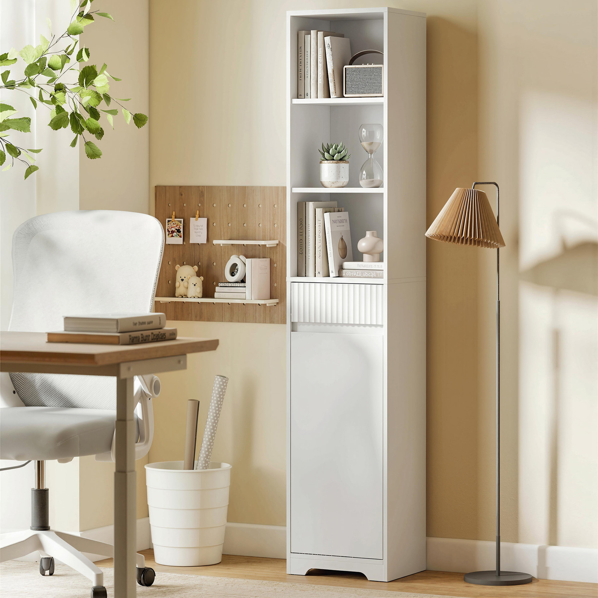 Armario de Baño Alto, Mueble Auxiliar de Baño Estrecho con Cajón, Diseño Acanalado, Estante Ajustable, Estantes Abiertos, para Espacios Pequeños, 33x30x172 cm, Blanco