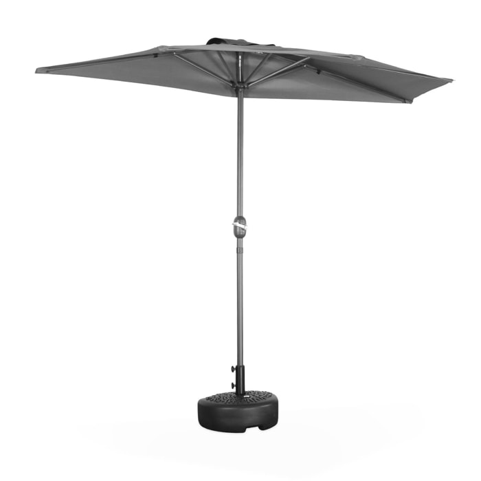 Parasol de balcon Ø250cm – CALVI – Demi-parasol droit. mât en aluminium avec manivelle d’ouverture. toile grise