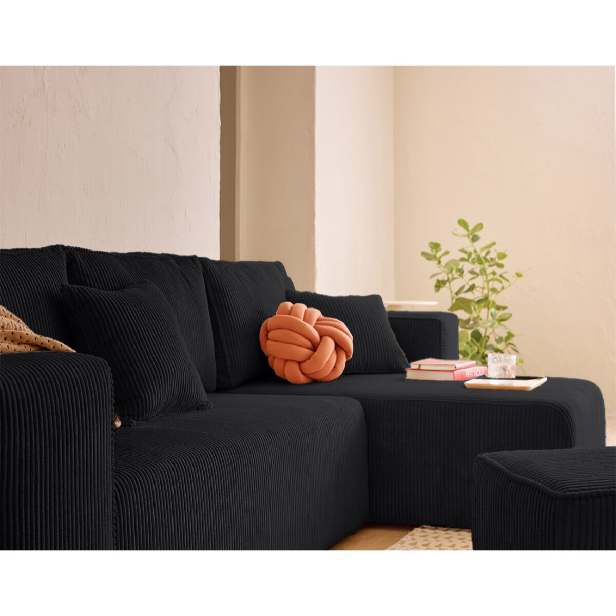 Topaze - canapé d'angle réversible 4 places - convertible avec coffre, tablette et poufs - en velours côtelé - Noir