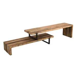 SIXTINE - Meuble TV marron 2 niveaux Teck recyclé Acacia Mahogany recyclé et métal noir