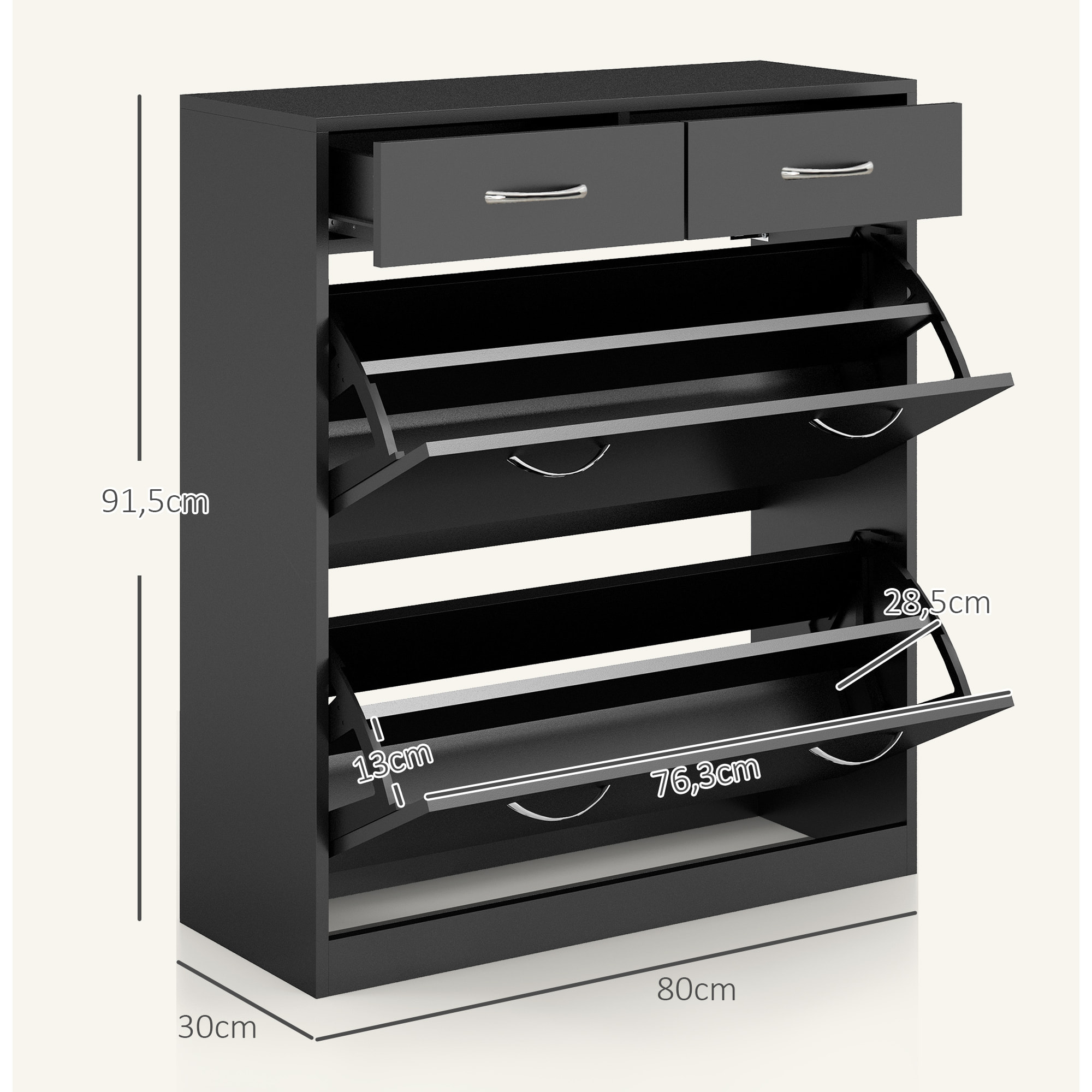 Mueble Zapatero Estrecho Zapatero Entrada Recibidor con 2 Cajones Abatibles y 2 Cajones Extraíbles para 12 Pares de Zapatos para Pasillo 80x30x91,5 cm Negro