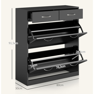 Mueble Zapatero Estrecho Zapatero Entrada Recibidor con 2 Cajones Abatibles y 2 Cajones Extraíbles para 12 Pares de Zapatos para Pasillo 80x30x91,5 cm Negro