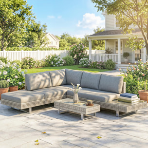 Conjunto de Jardín de Ratán de 3 Piezas, Conjunto Terraza Resistente, Muebles Jardín Exterior Incluye Cojines, Sofá de 3 Plazas, Sofá de 2 Plazas con Mesa Lateral, Mesa Centro de Vidrio Gris